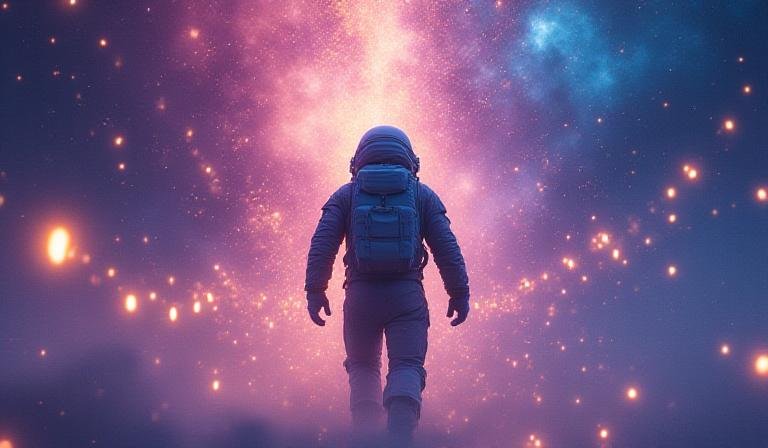 Astronaut breaking free from chains in a nebula