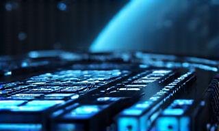 Close up of a starship command console with glowing blue lights