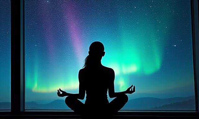 Stressed professional finding peace through meditation with aurora lights backdrop